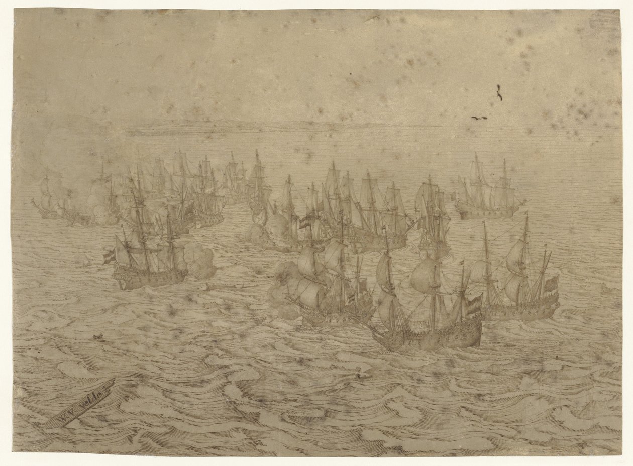 Sea Battle off a Coast by Willem van de Velde (I) (possibly)