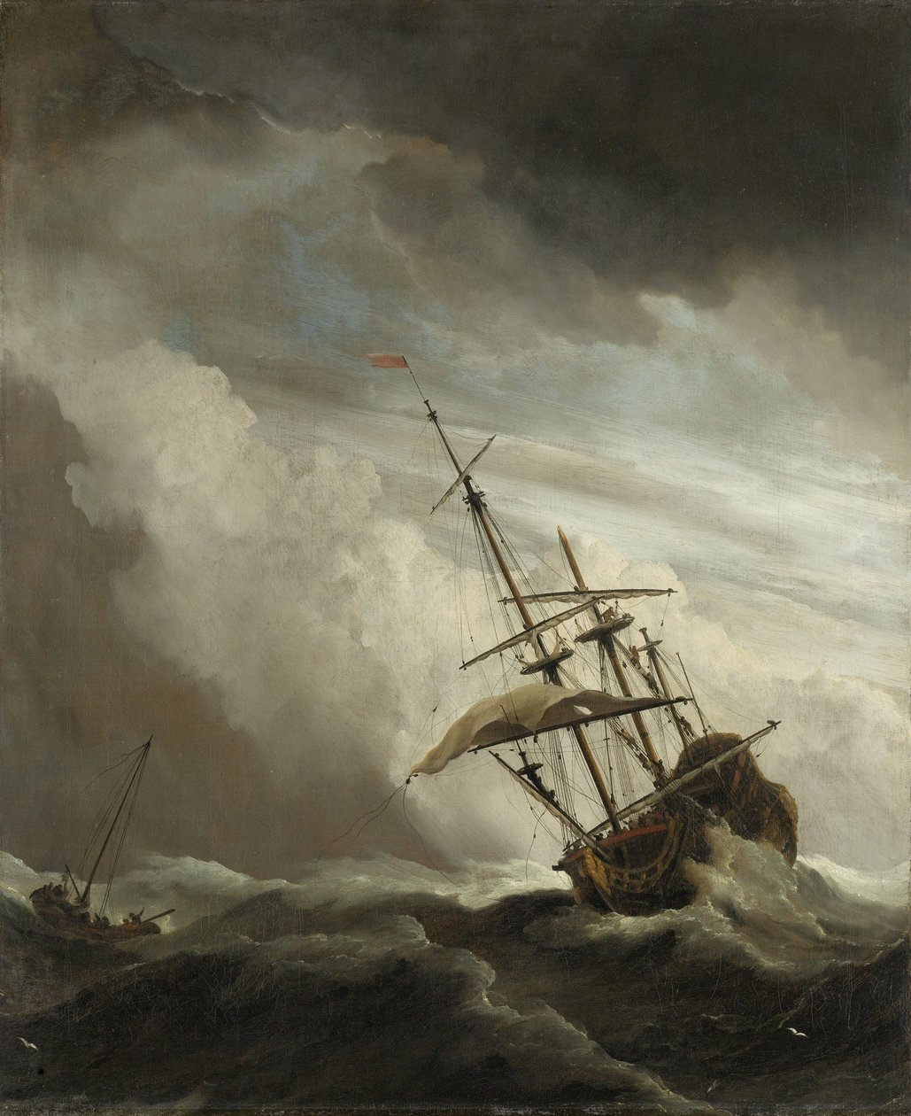 A Ship on the High Seas caught by a Squall, known as the Gust, 1680