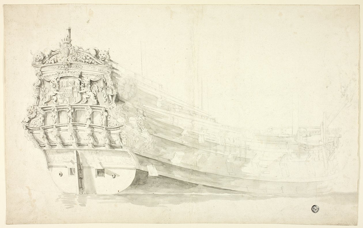 Dutch Ship with Ornamental Prow Seen from Starboard Quarter by Willem van de Velde I