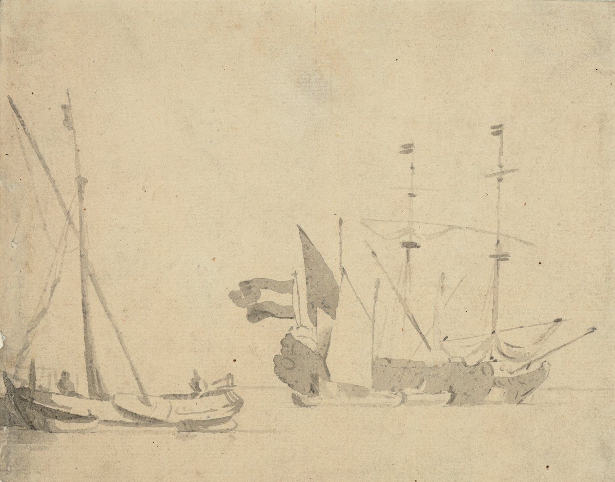 A boeier at a pier and a Dutch ship at anchor, c.1665 by Willem van de Velde the Younger