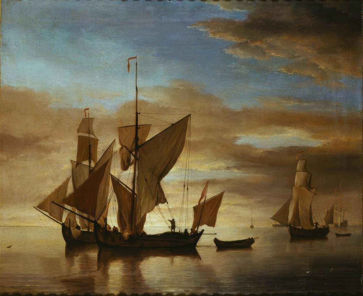 Ships on Calm Sea in Evening Light by Willem van de Velde the Younger