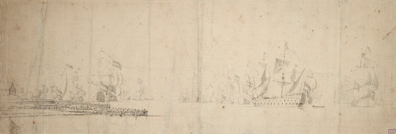 A Dutch Fleet getting under way off a pier by Willem van de the Elder Velde