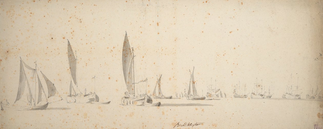 A tochtschuit, wijdschips and waterschips in a light breeze by Willem van de the Elder Velde