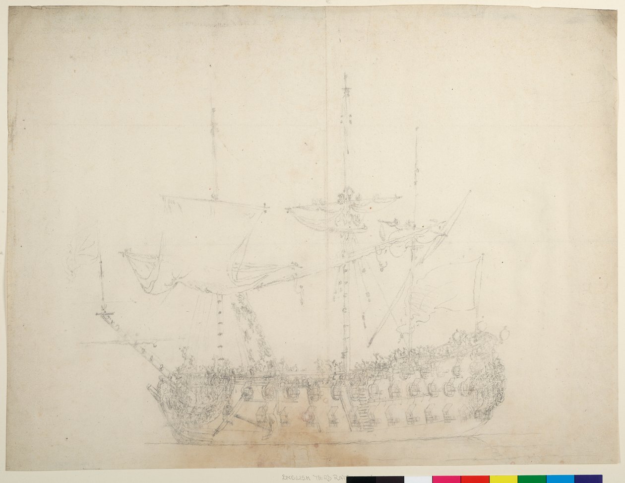An English Third-Rate 60-Gun Ship Viewed from Close on the Port Bow by Willem van de the Elder Velde