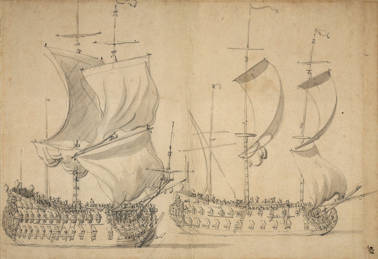 An English Third-Rate and Fourth-Rate Under Easy Sail by Willem van de the Elder Velde
