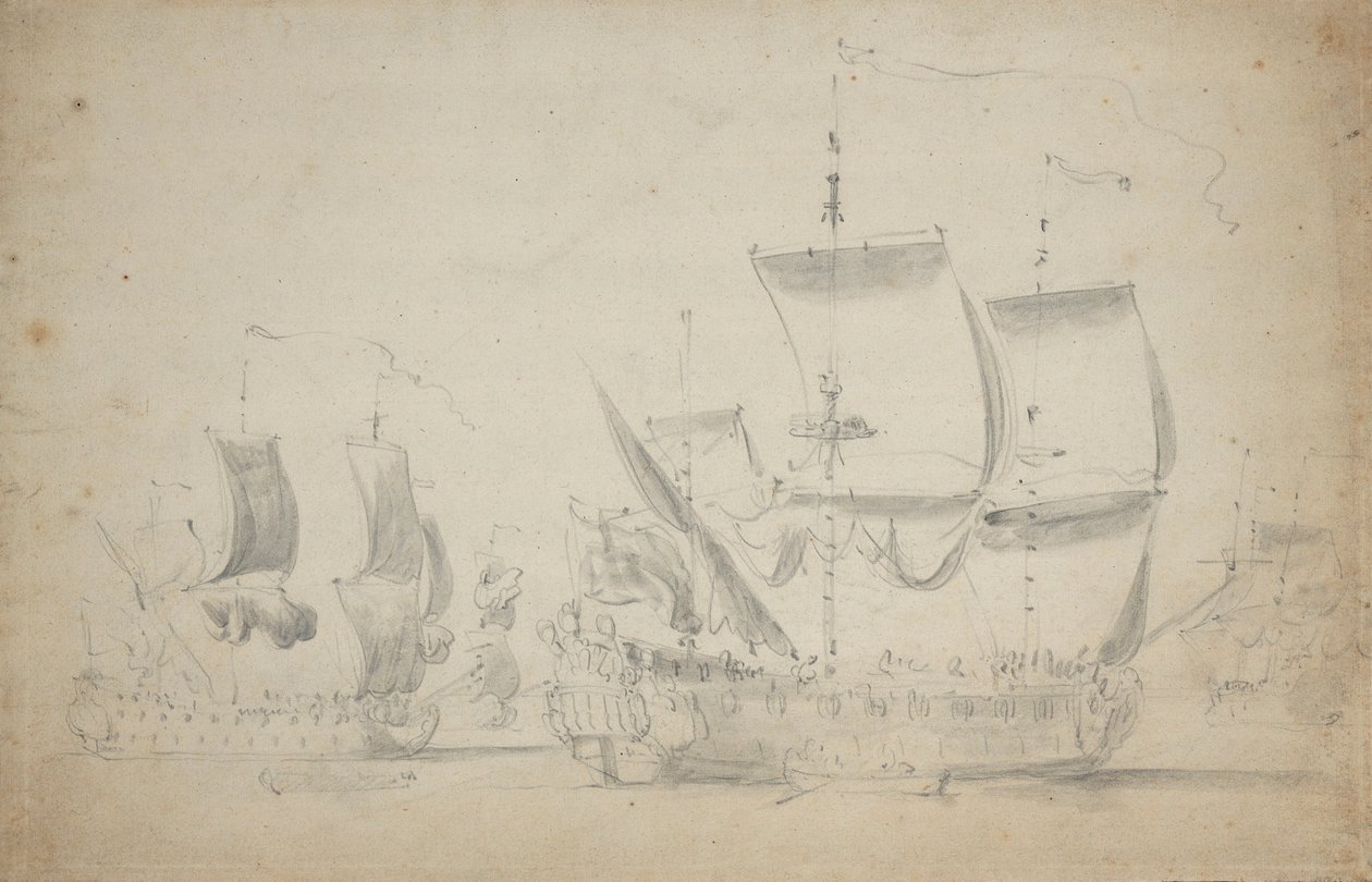 An English two-decker under easy sail, c.1675 by Willem van de the Elder Velde