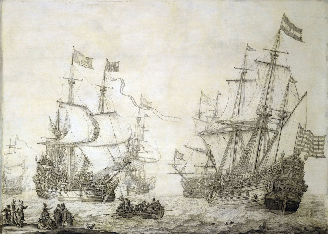 Two merchant ships of the Dutch East India Company, leaving the shore in calm winds by Willem van de the Elder Velde