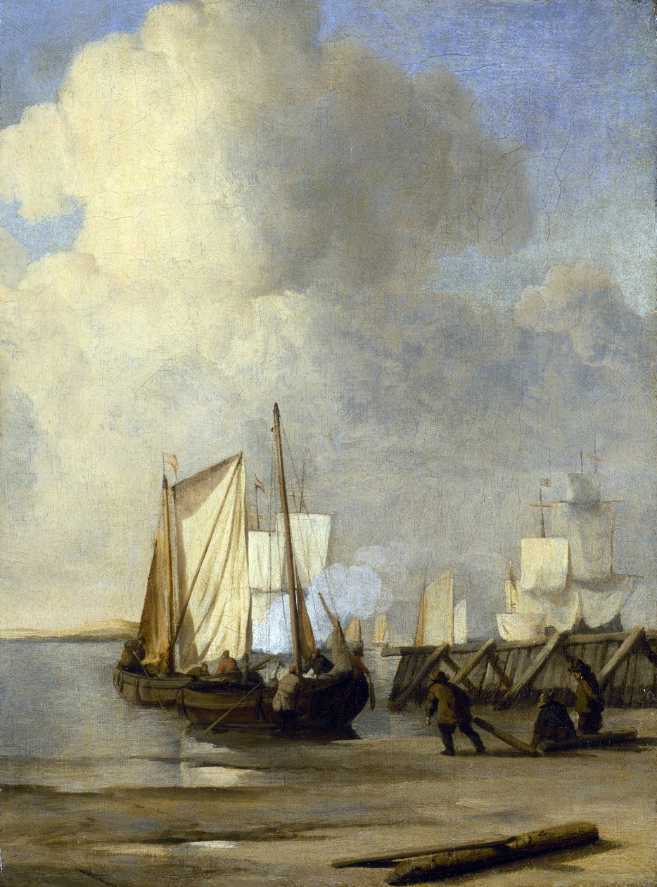 A Kaag on the shore, a Dutch boat used for navigation on inland waterways by Willem van de Velde the Younger