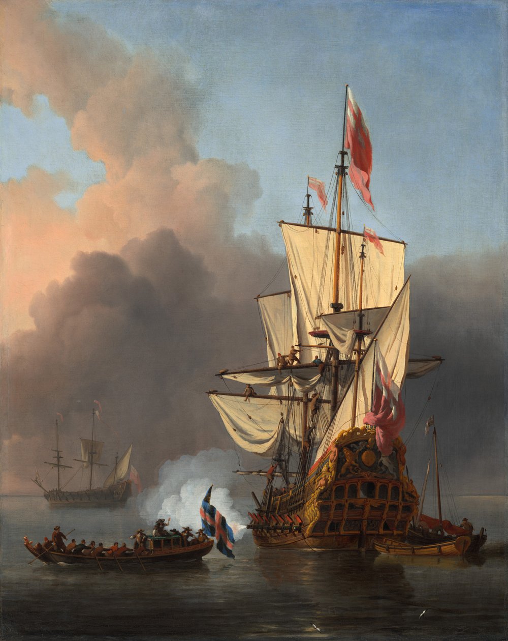 An English Warship Firing a Salute by Willem van de the Younger Velde