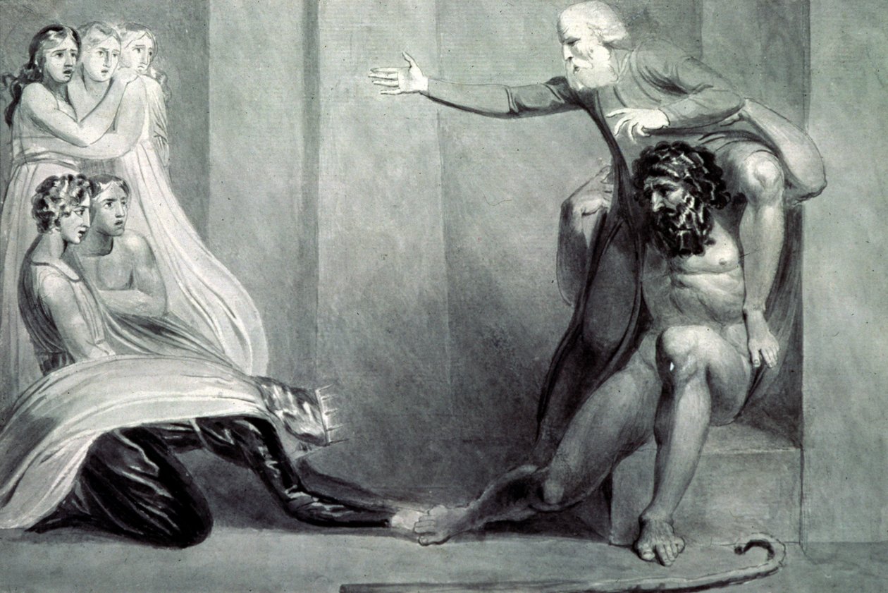Tiriel, Borne Back to the Palace on the Shoulders of his Brother Ijim, Addressing his Five Daughters by William Blake