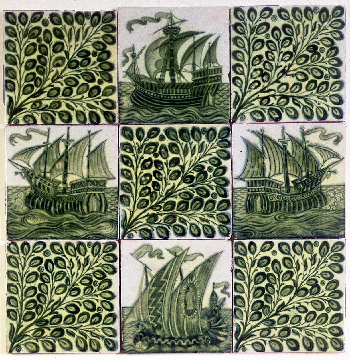 Nine Tiles Depicting Ships and Olive Branches by William de Morgan