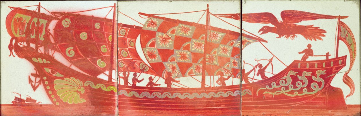 Three Tiles Depicting a Ship by William de Morgan