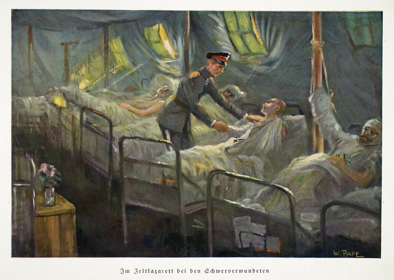 William, Crown Prince of Germany Visiting Wounded Troops in a Field Hospital, pub. c1917 by William Friedrich Georg Pape