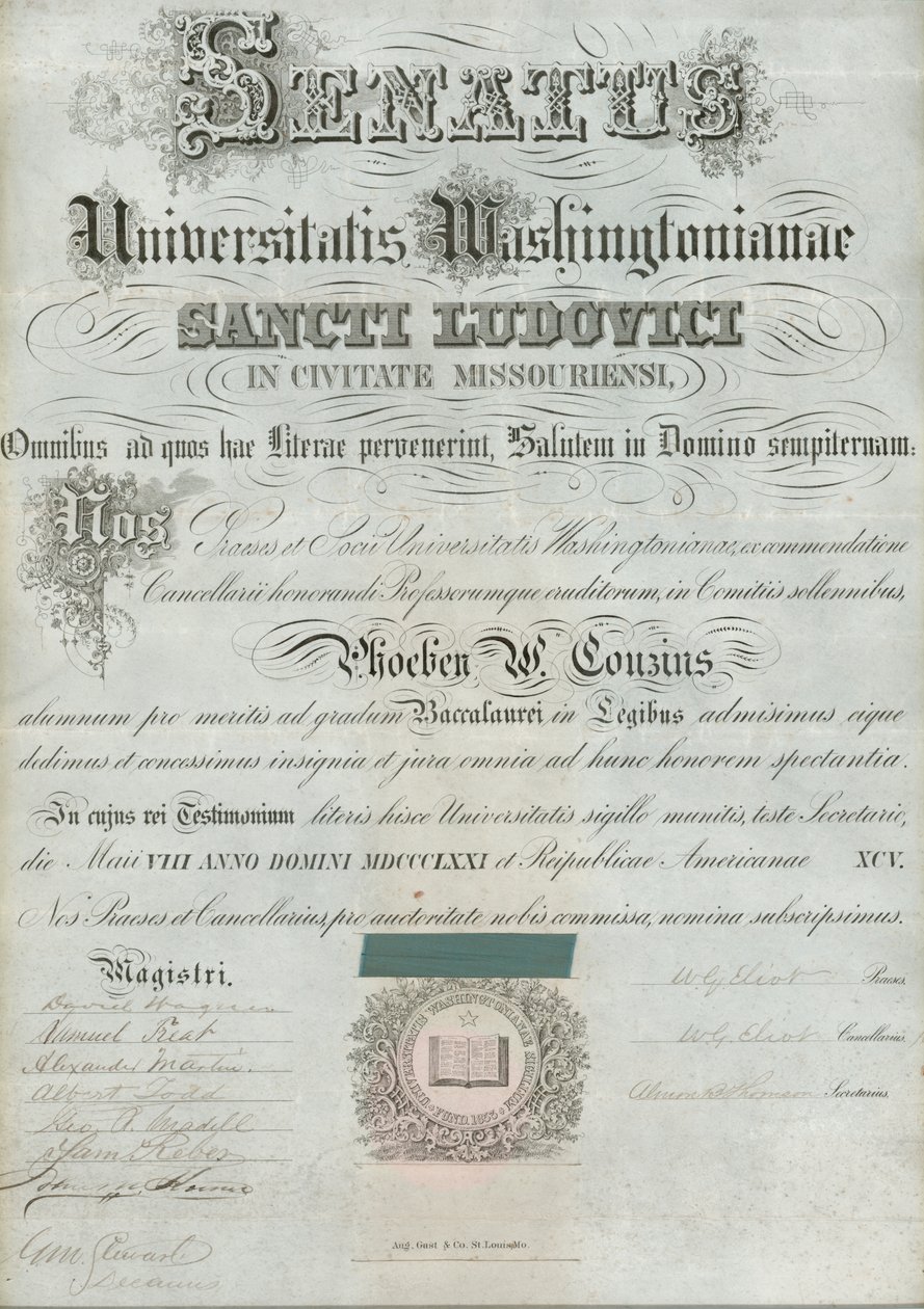 Washington University Diploma of Phoebe Couzins, May 8, 1871 by William Greenleaf Eliot