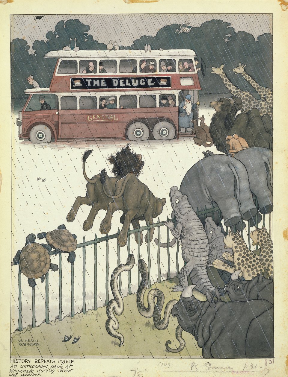 History Repeats Itself: An Unrecorded Panic at Whipsnade During Recent Wet Weather by William Heath Robinson