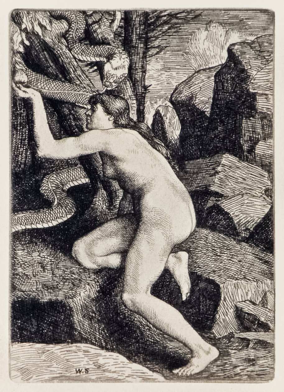 Eve Tempted by Satan in the Form of a Serpent from Paradise Lost by John Milton, Illustration by William Strang by William Strang