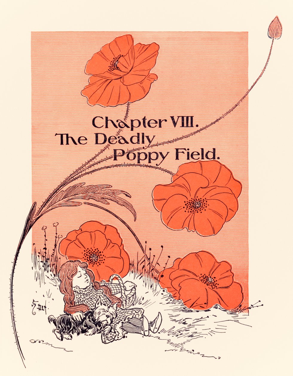 Chapter VIII The Deadly Poppy Field, chapter opener from The Wonderful Wizard of Oz by L. Frank Baum by William Wallace Denslow