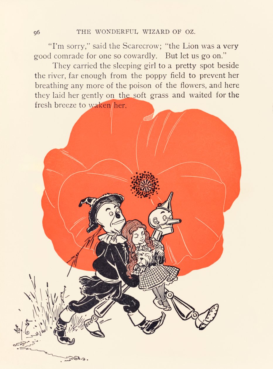 The Scarecrow and Tin Woodman rescue Dorothy from the deadly poppy field, from The Wonderful Wizard of Oz by L. Frank Baum by William Wallace Denslow