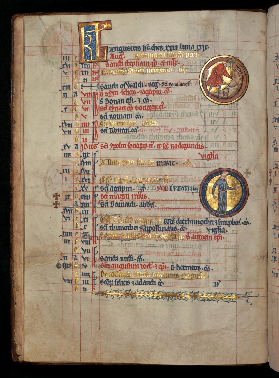 Ms 322 f.4v, August, a man cutting corn, illustration from the 