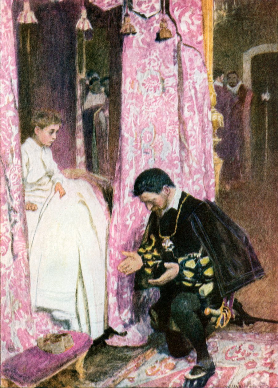 "The Richly Clad First Lord of the Bedchamber Was Kneeling by His Couch" by William (after) Hatherell