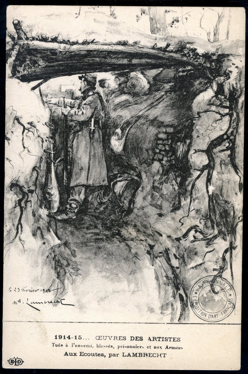 First World War - War 14-18 (1914-1918) - World War I (WWI or WW1): France, Patriotic Map Showing a Drawing of a Soldier in a Trench Watching the Front Line, Titled: 