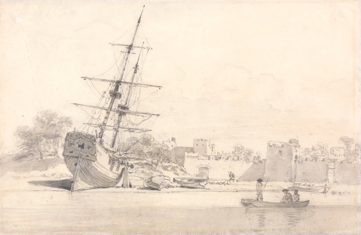 A Small Sailing Ship Drawn Up on the Shore Below Some Fortified Buildings by William Alexander