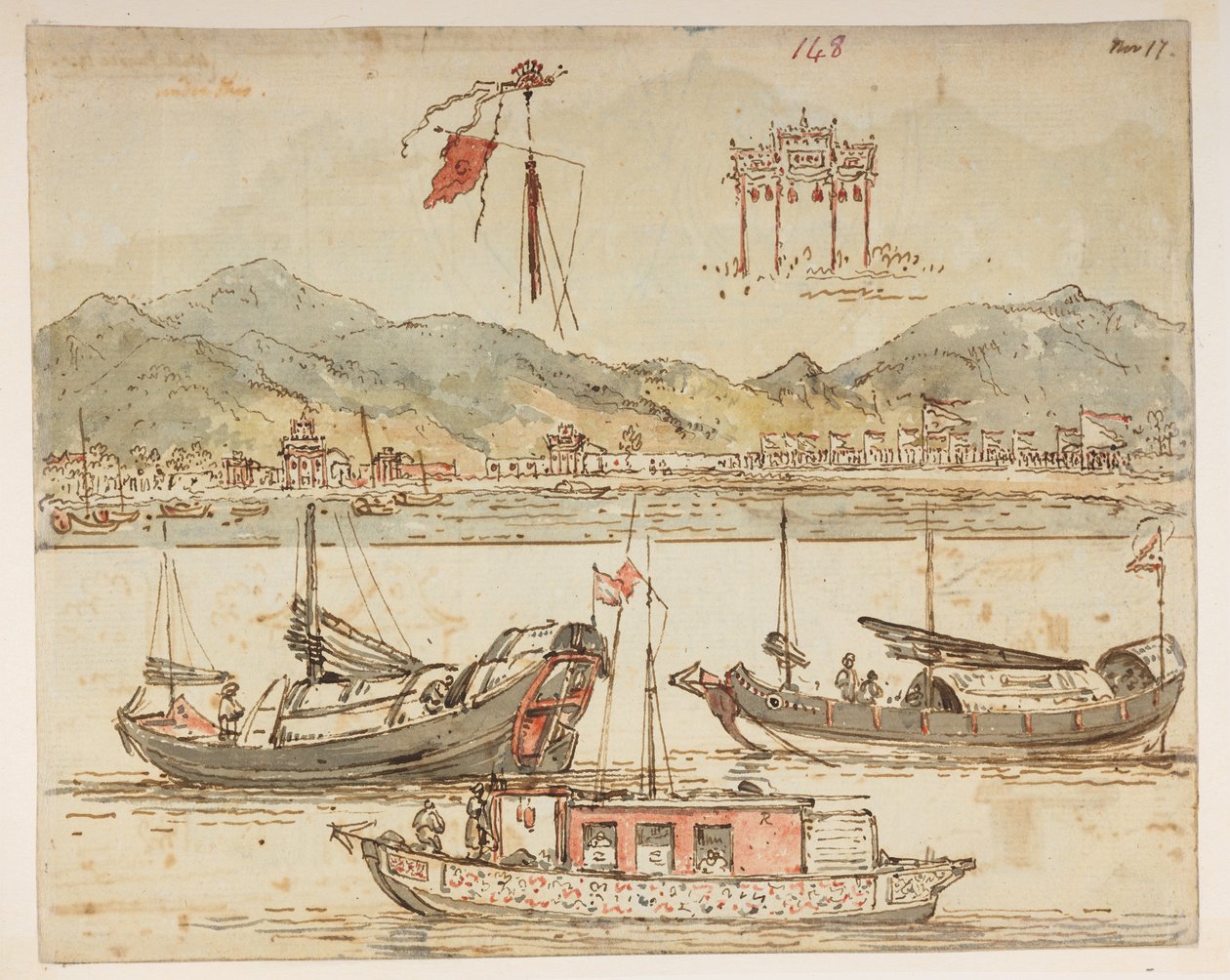 f.59 148 Boats and triumphal arches, from an Album of 372 drawings of landscapes, coastlines, costumes and everyday life made during Lord Macartney