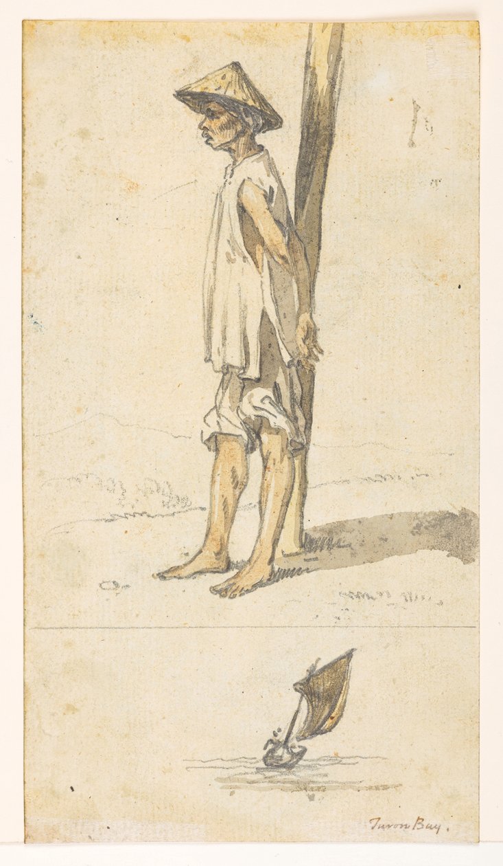 Young man leaning against a tree; a boat. 