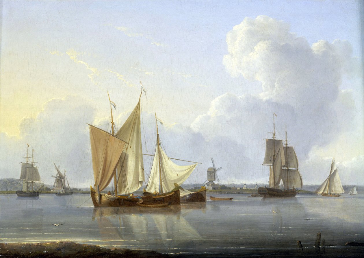 Arrival in Limehouse, London, various boats on the Thames and a mill on the bank, and on the right the Greenwich Hospital by William Anderson