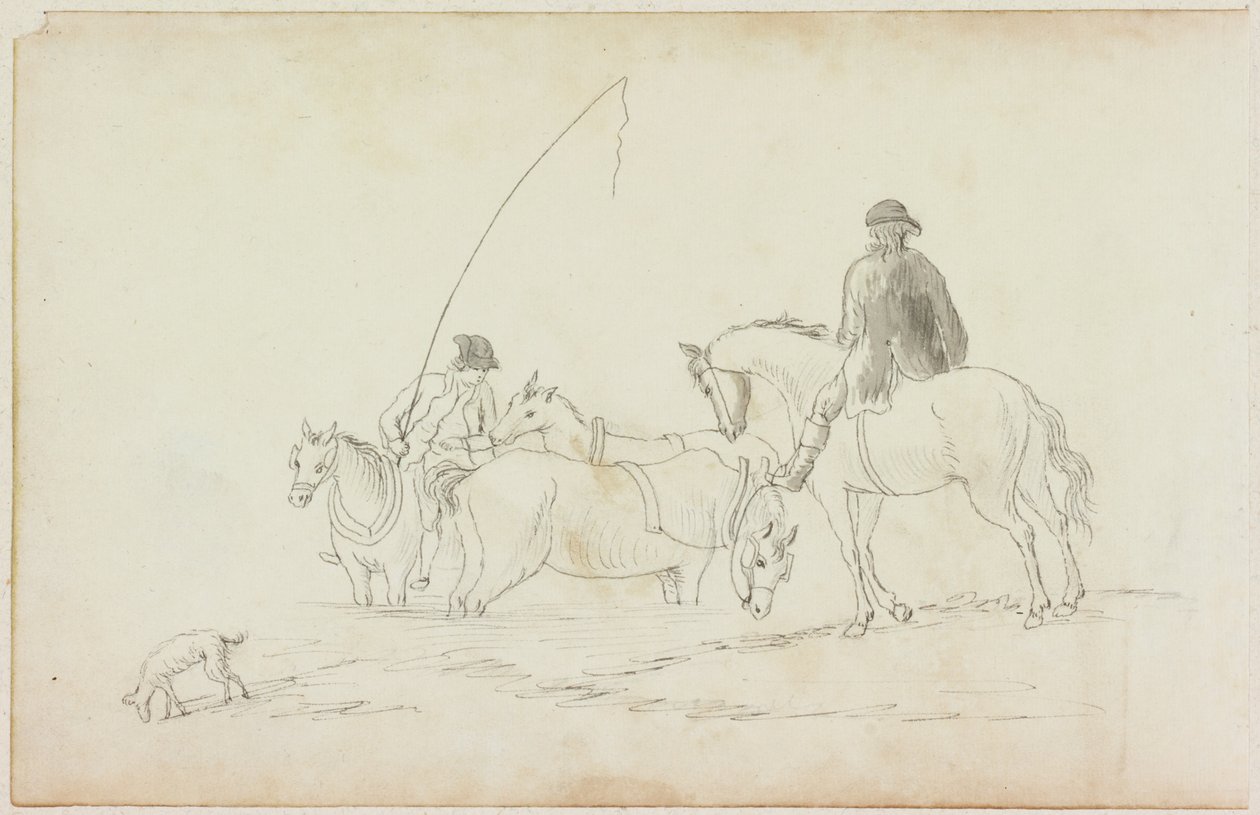 Two Men on Horseback with Two Horses and Dog by William Beilby