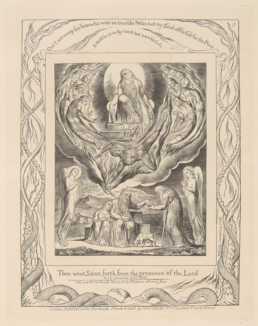 Book of Job, Plate 5, Satan Going Forth from the Presence of the Lord and Job