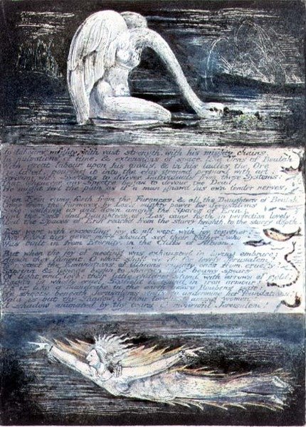 Plate II, Jerusalem, c.1804-20. The daughters of Albion represented by swan-like and fish-like creatures by William Blake