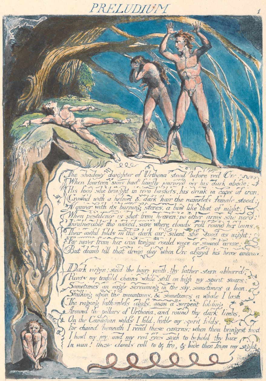 Preludium. "The shadowy daughter of Urthona stood before red Orc..." (Plate 3) by William Blake