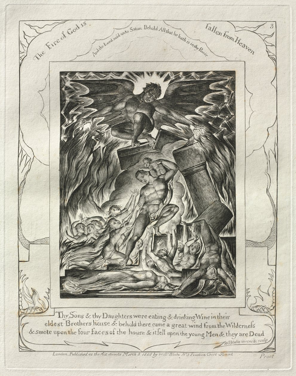 The Book of Job: Pl. 3, Thy Sons and thy Daughters were eating and drinking Wine in their eldest Brothers house by William Blake