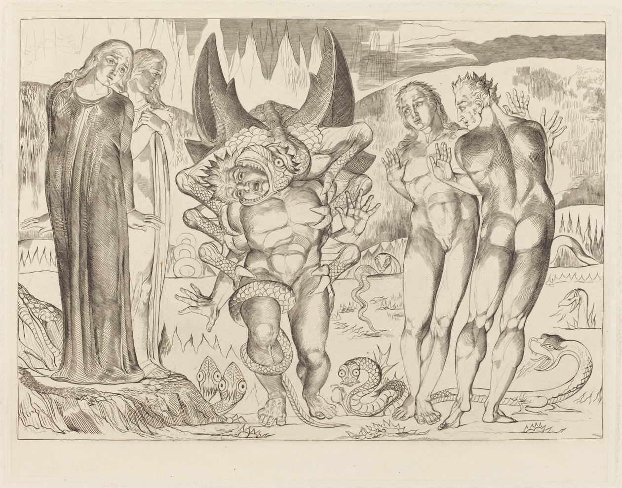 The Circle of the Thieves; Agnolo Brunelleschi Attacked by a Six-Footed Serpent by William Blake