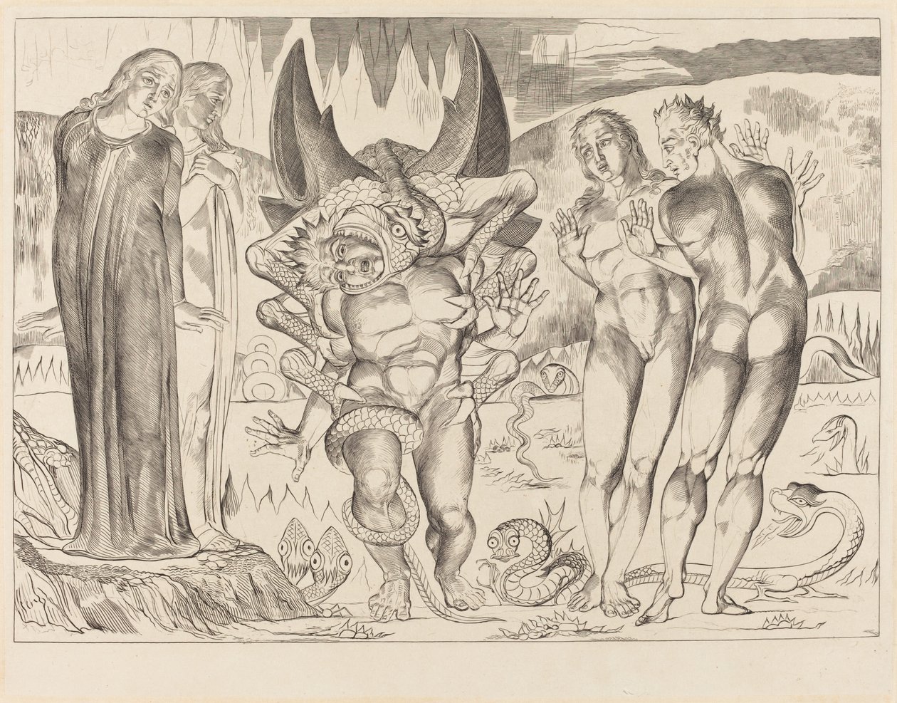 The Circle of the Thieves; Agnolo Brunelleschi Attacked by a Six-Footed Serpent by William Blake
