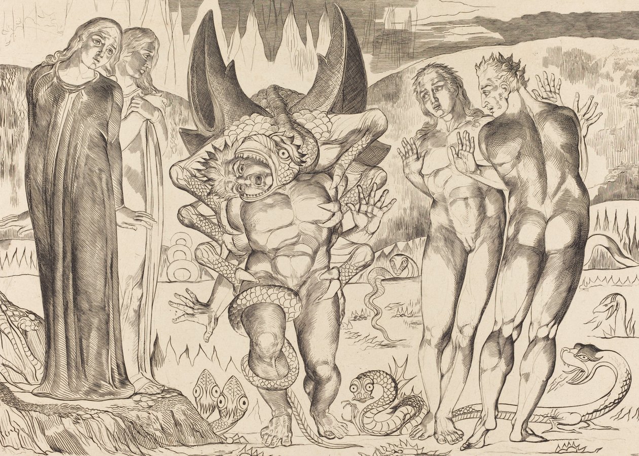 The Circle of the Thieves, Agnolo Brunelleschi Attacked by a Six-Footed Serpent by William Blake