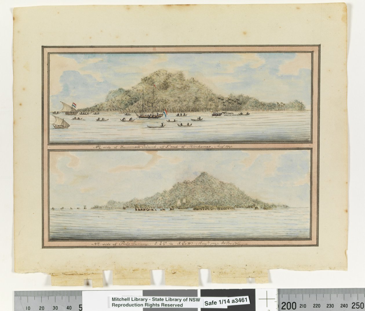 NE. side of Hummock Island, off South end of Mindanao. August 1791 and NE. side of Pulo Sanguy. South 4 degrees East South 60 degrees West. August 1791, c.1802 by William Bradley
