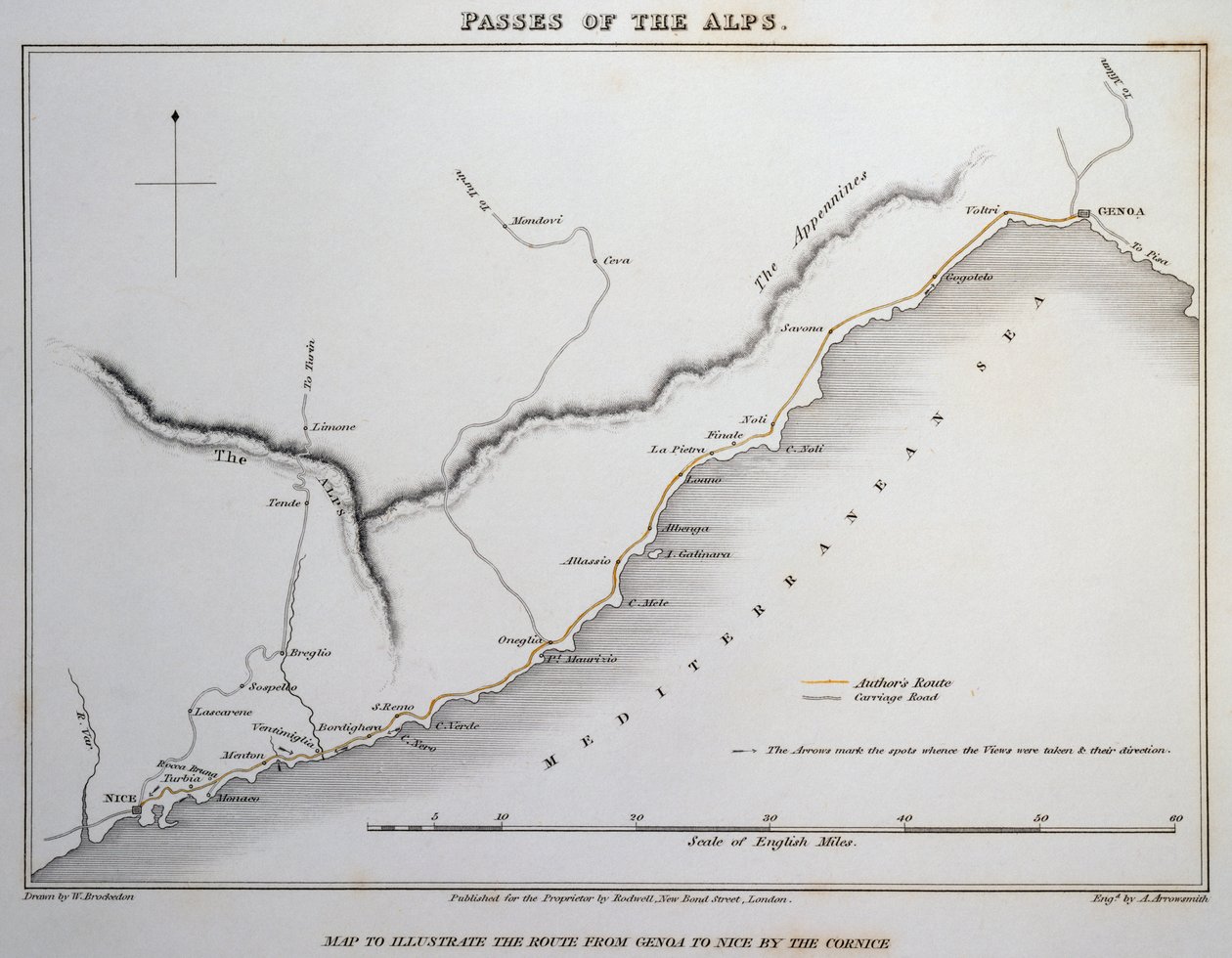 Map of passes on the Maritime Alps, coastal road between Genoa and Nice by William Brockedon