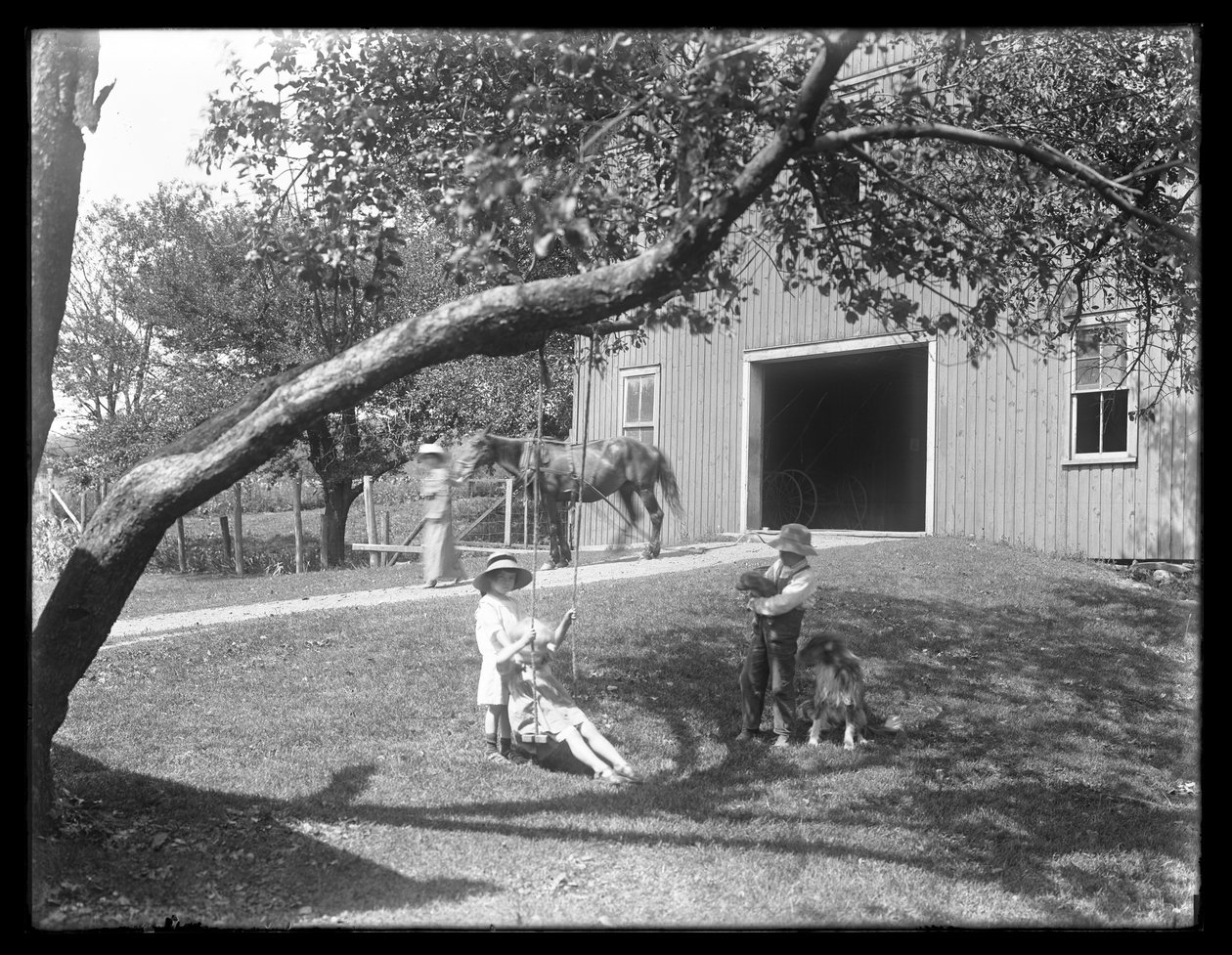 Children of the McCready Family with a Dog and Puppy Gathered Around a Rope Swing Outside a Barn, c.1913 by William Davis Hassler