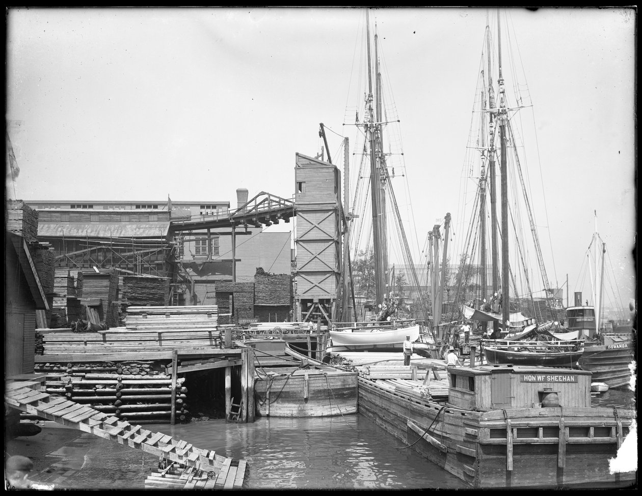 Docks and Boats on Unidentified Waterfront, Possibly Harlem River, Inwood, New York by William Davis Hassler