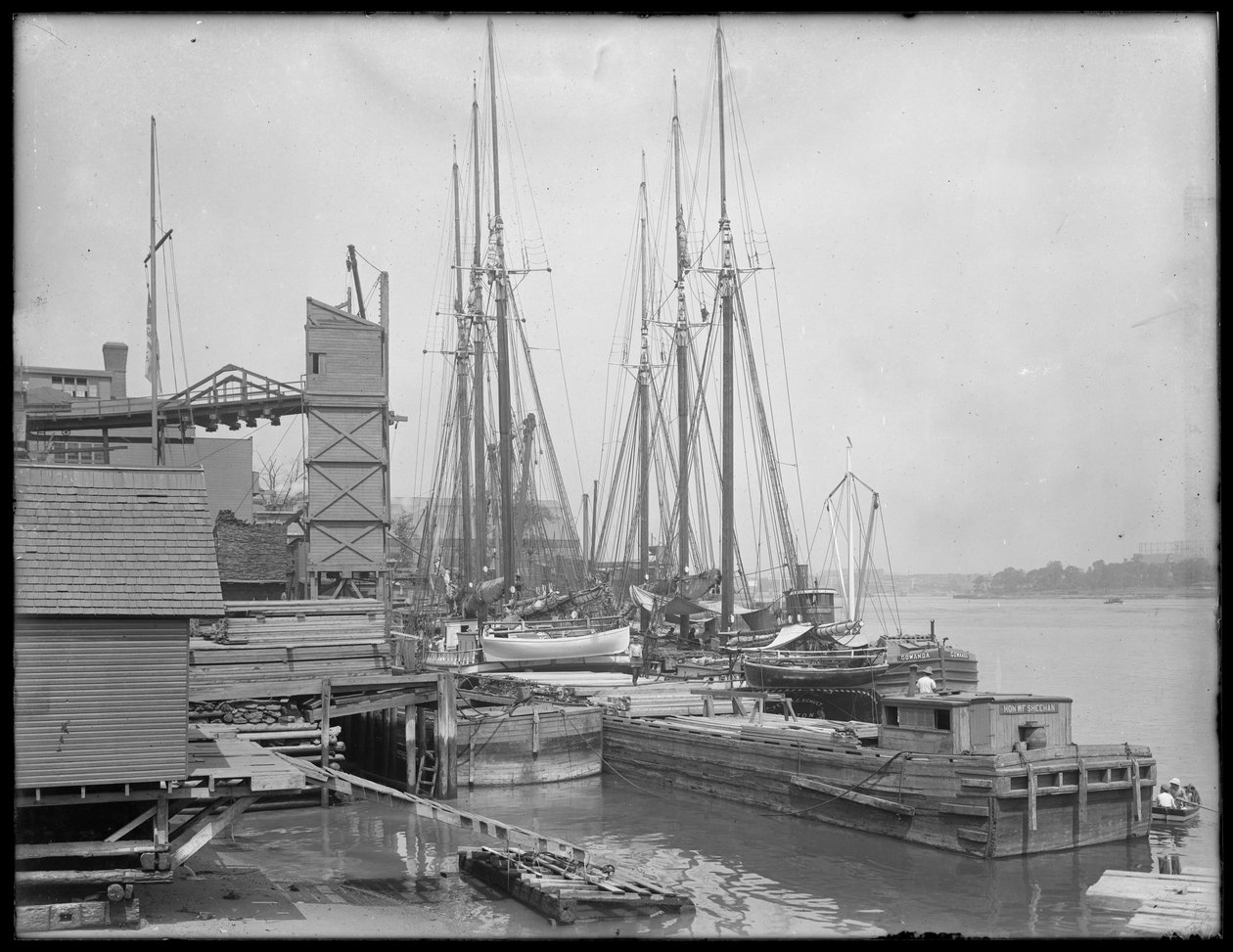 Docks and Boats on Unidentified Waterfront, possibly Harlem River, Inwood, New York, c.1910 by William Davis Hassler