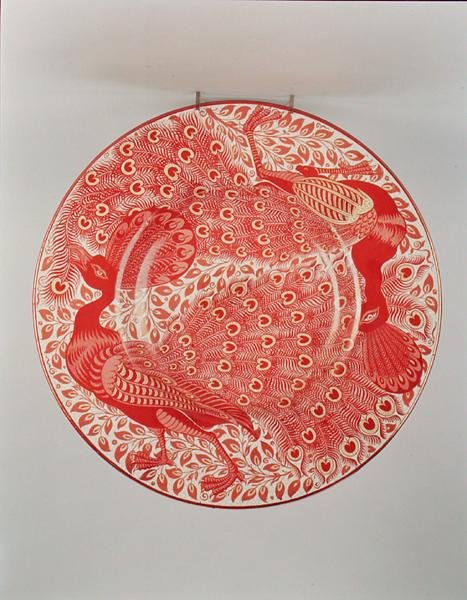 Ruby and Gold Lustre Charger Decorated with Two Peacocks by William de Morgan