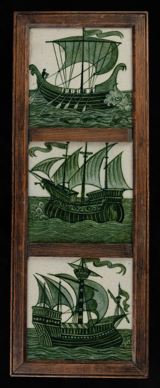 Tile panel of ships in full sail, in frame, c.1865-80 by William de Morgan