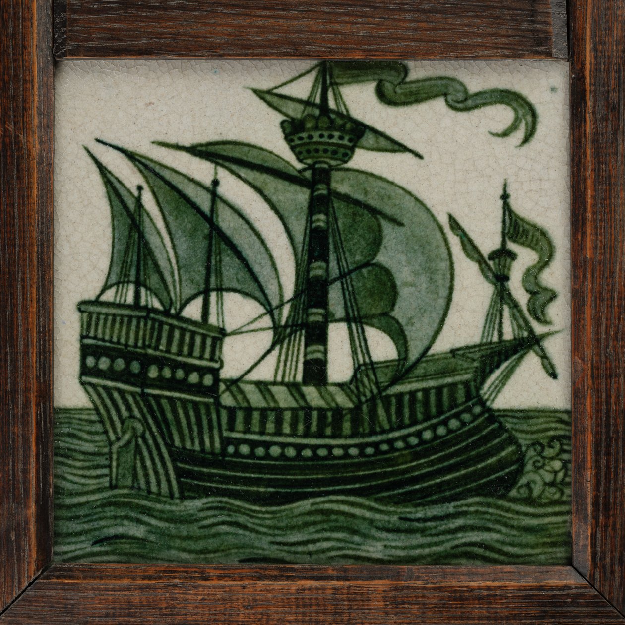 Tile panel of ships in full sail, in frame, c.1865-80 by William de Morgan