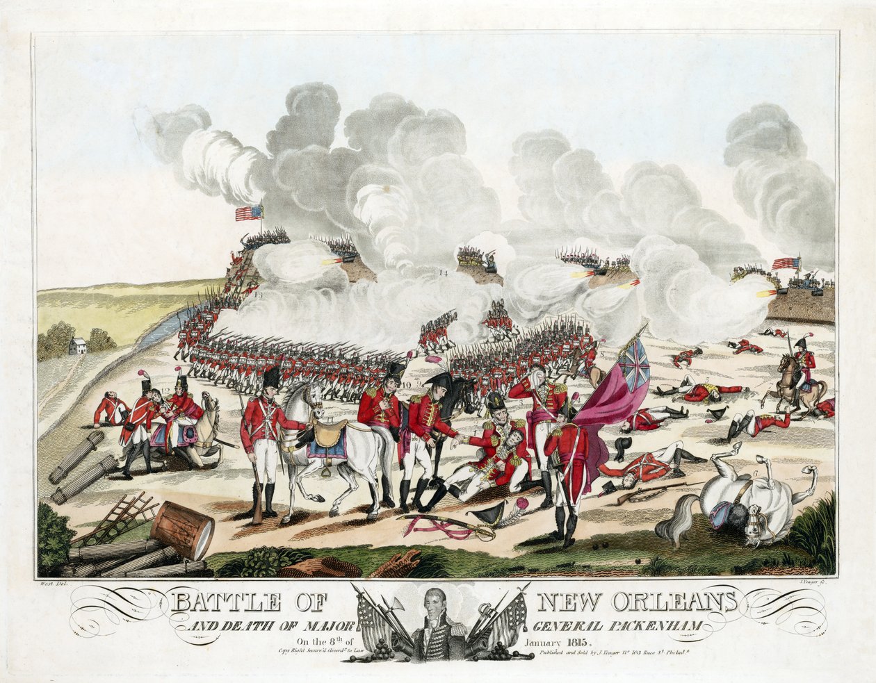 Battle of New Orleans and Death of Major General Packenham on the 8th of January 1815, pub. 1815 by William Edward (after) West
