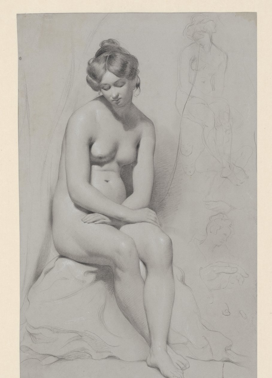 Seated Nude Female Model with High Hairstyle, Sketched Again Beside by William Etty