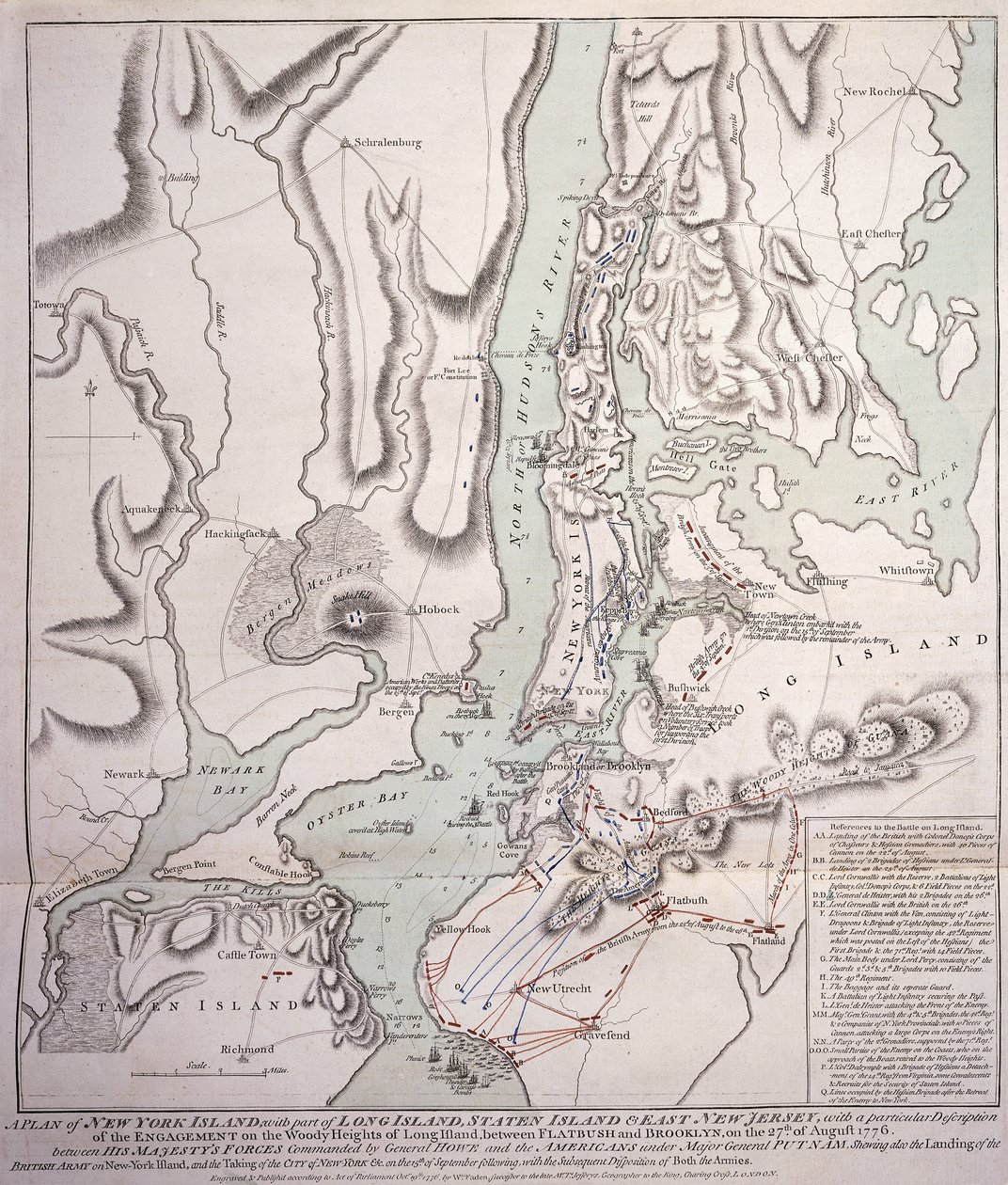 Plan of New York Island with Part of Long Island, Staten Island and East New Jersey and the Engagement on the Woody Heights of Long Island between the British Forces, under the command of General Sir William Howe by William Faden