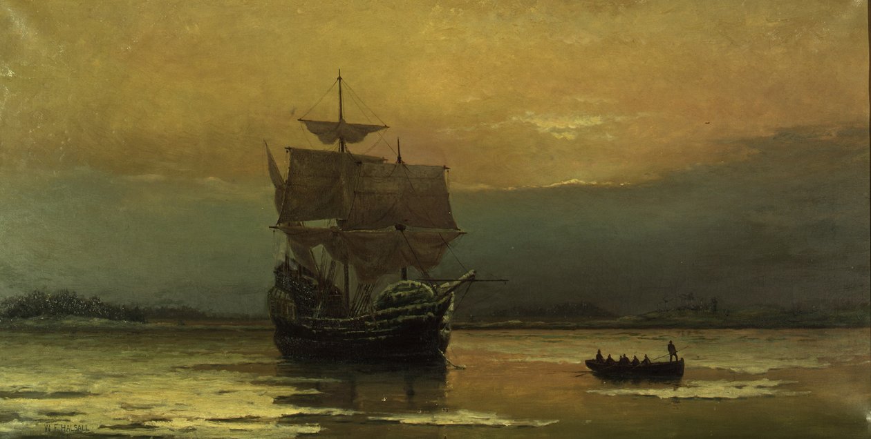 The Mayflower on Her Arrival at Plymouth Harbor, 1882 by William Formby Halsall