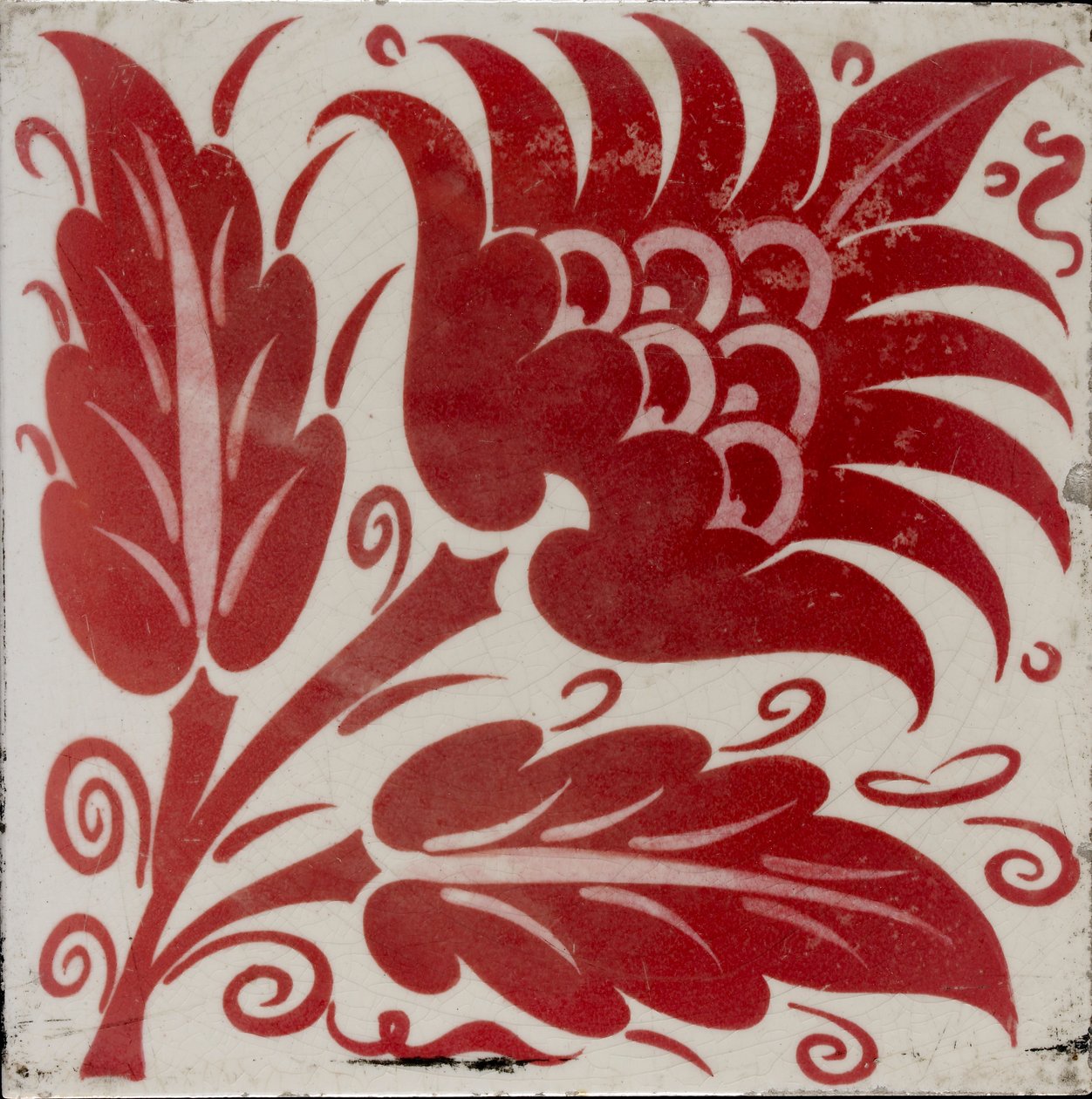 Tile with Stylised Flower with Two Leaves and Tendrils by William Frend De Morgan